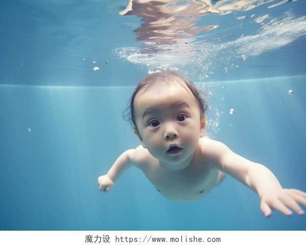 水下婴儿摄影婴儿游泳潜水好奇的表情